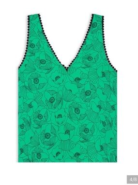 The Kooples Emerald Green Floral V-Neck Cami with Black Trim Detail